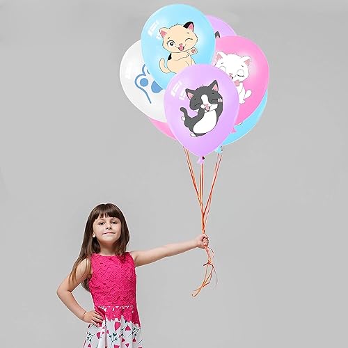 Miniatura 5 de Globos de fiesta de gatos, globos de gatito para decoración de cumpleaños, 16 globos de látex con estampado de gatos de dibujos animados,