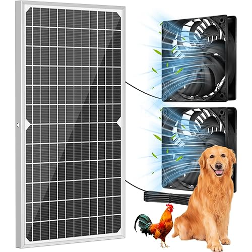 Solar Powered Fan Kit 17.72 Inch IPX7 Weatherproof, 22W Solar Panel with 2 Waterproof Fans, Intake or Exhaust Air Fan for Outside Backyard Chicken Coops, Greenhouses, Doghouse
