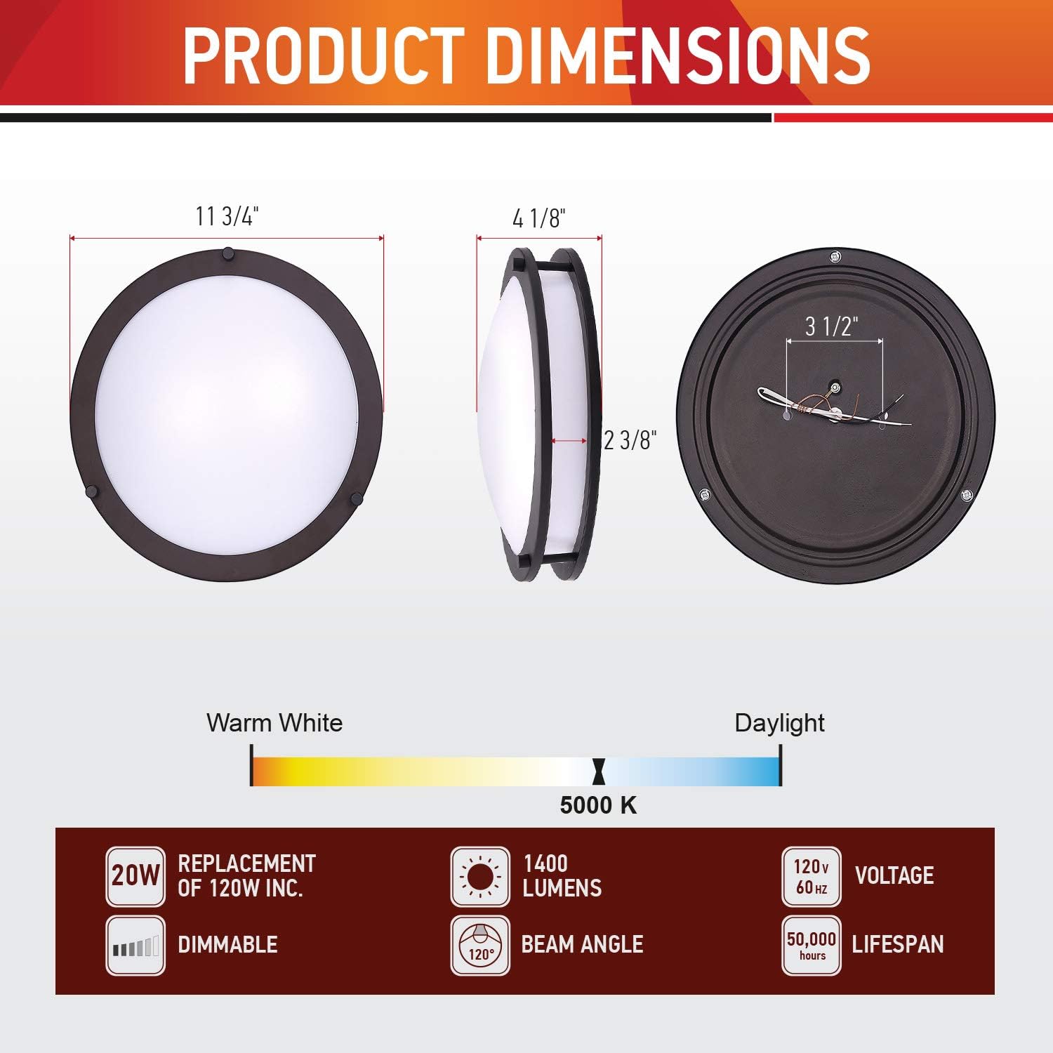 OSTWIN 12 Inch LED Flush Mount Ceiling Light, 20W (160W Equivalent), 1400 Lm, Dimmable Close to Ceiling Light Fixture for Kitchen Hallway Laundry, Oil Rubbed Bronze, 5000K, Energy Star, ETL