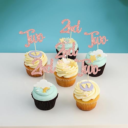 Miniatura 4 de Gyufise 24 piezas de dos adornos para cupcakes con purpurina para segundo cumpleaños para baby shower, fiesta de segundo cumpleaños, suministros de