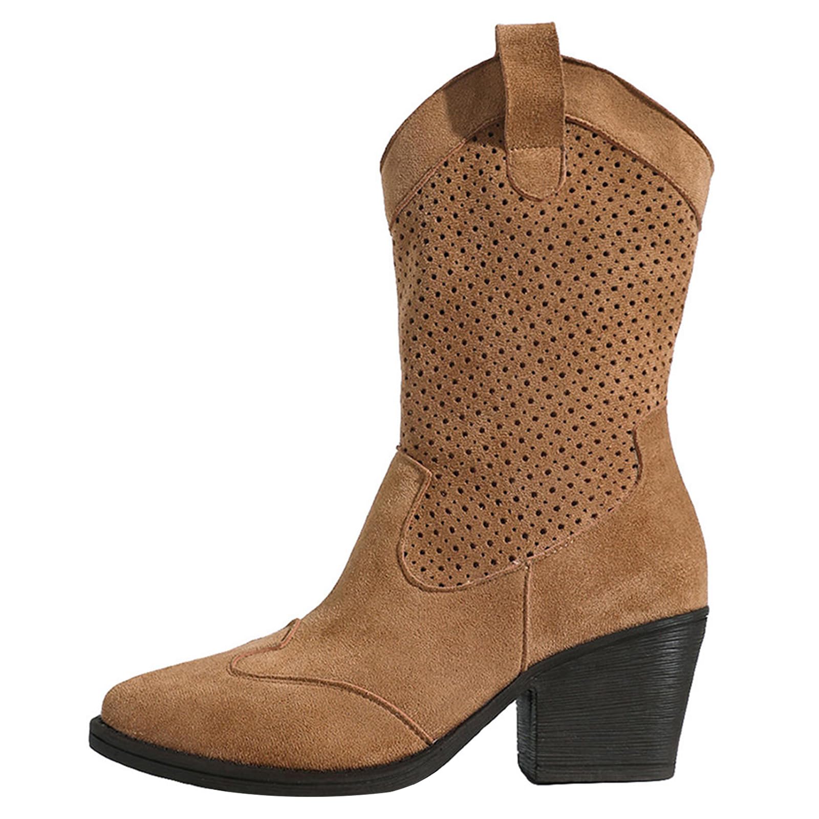 Cowboy Ankle Boots For Women Comfortable Breathable Suede Pointed Low Block Heel Mid-Calf Short Western Boots