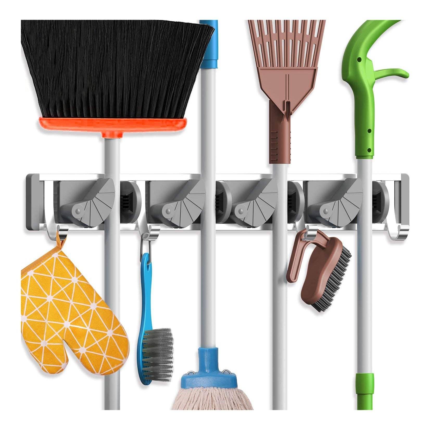 QERINKLE Magic Metal Multipurpose Wall Mounted Hanging Organizer Broom Holder Stand 4 Positions with 5 Hooks (MOP HOLDER)-image-35