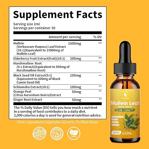 Miniatura 2 de Gotas de gordolobo para pulmones, 7 en 1 1500 mg de extracto líquido de hoja de gordolobo para limpieza de pulmones y apoyo respiratorio,