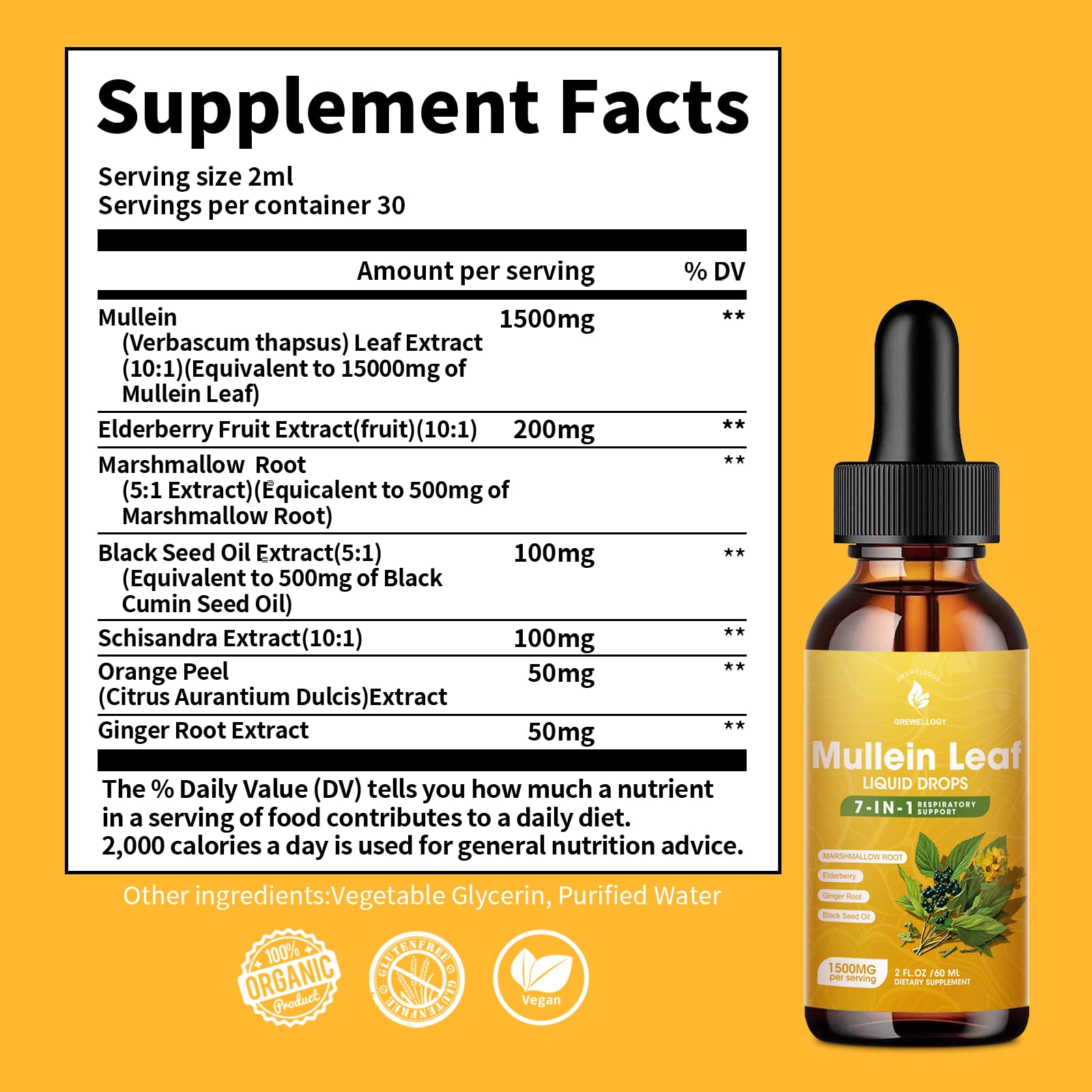 Mullein Drops for Lungs, 7-in-1 1500mg Mullein Leaf Liquid Extract for Lungs Cleanse and Respiratory Support, Lung Detox for Smokers Free Breathing, 2 Fl Oz — Amazon image 2