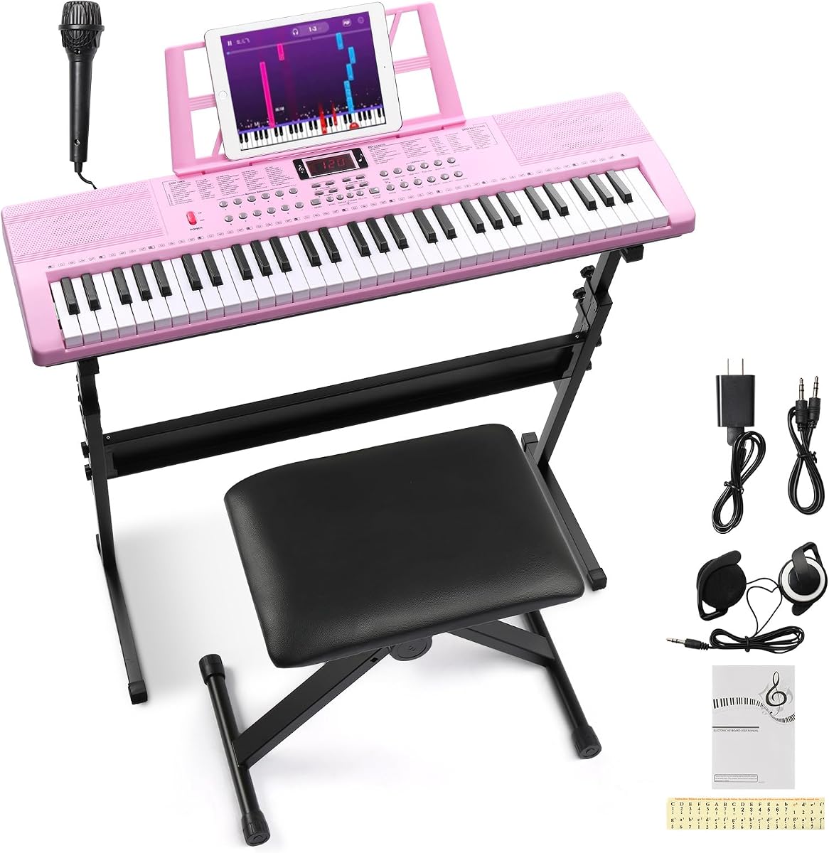 Ktaxon 61 Key Keyboard Piano Electric Keyboard | Electric Piano Set | Includes Headphones, Microphone, Music Rest, H Piano Stand, Piano Bench & Stickers |3 Teaching & Dual Power (Nude Pink)