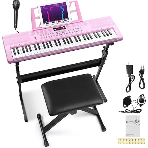 Ktaxon 61 Key Keyboard Piano Electric Keyboard, Electric Piano Set with Headphones, Microphone, Music Rest, Power Adapter, Piano Stand, Piano Bench and Manual (Full Size H Stand-Nude Pink)