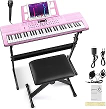 Ktaxon 61 Key Keyboard Piano Electric Keyboard, Electric Piano Set with Headphones, Microphone, Music Rest, Power Adapter, Piano Stand, Piano Bench and Manual (Full Size H Stand-Nude Pink)