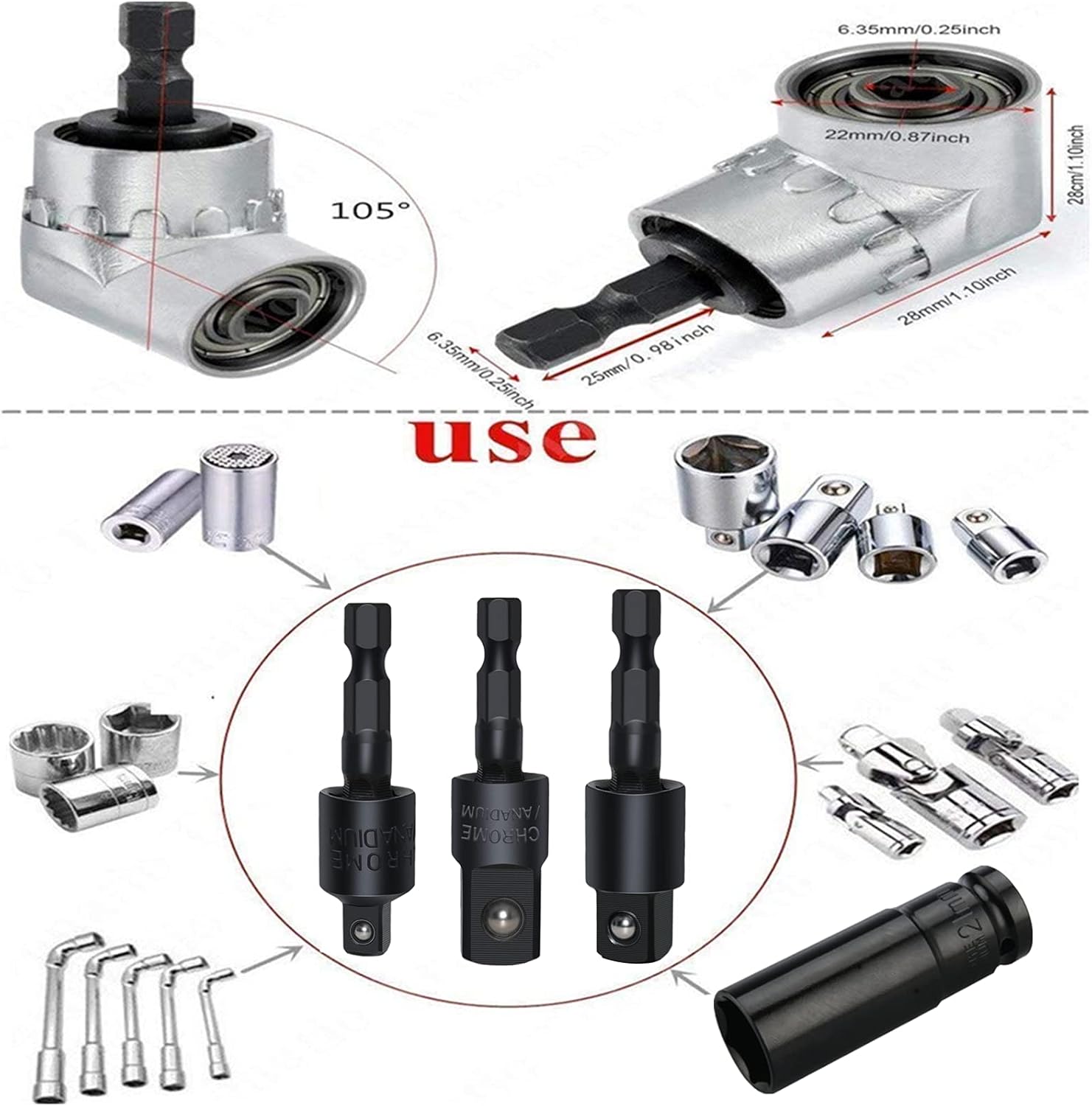 Impact Grade Driver Sockets Adapter Extension Set Drill Bit 3Pcs 1/4 3/ ...