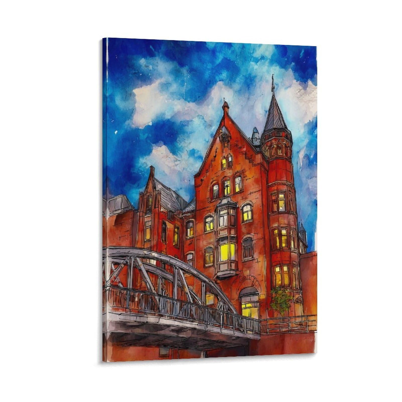 Lcynnh Frame-Style Hamburg Germany 24X36inch(60X90cm) Vintage Travel Poster Watercolor Canvas Art