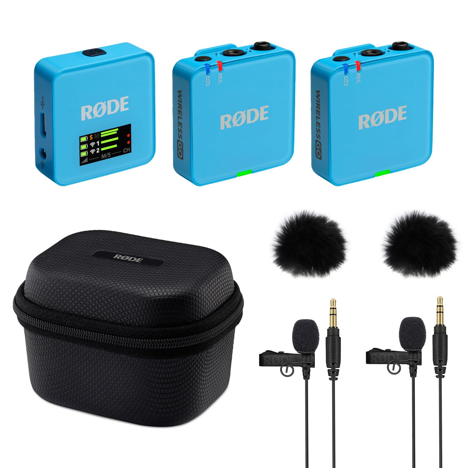 Rode Wireless GO Gen 3 - Sistema inalámbrico de micrófono inalámbrico de 2 canales, color azul con estuche de carga, 2 micrófonos Lavalier GO y 2 protectores de viento de piel
