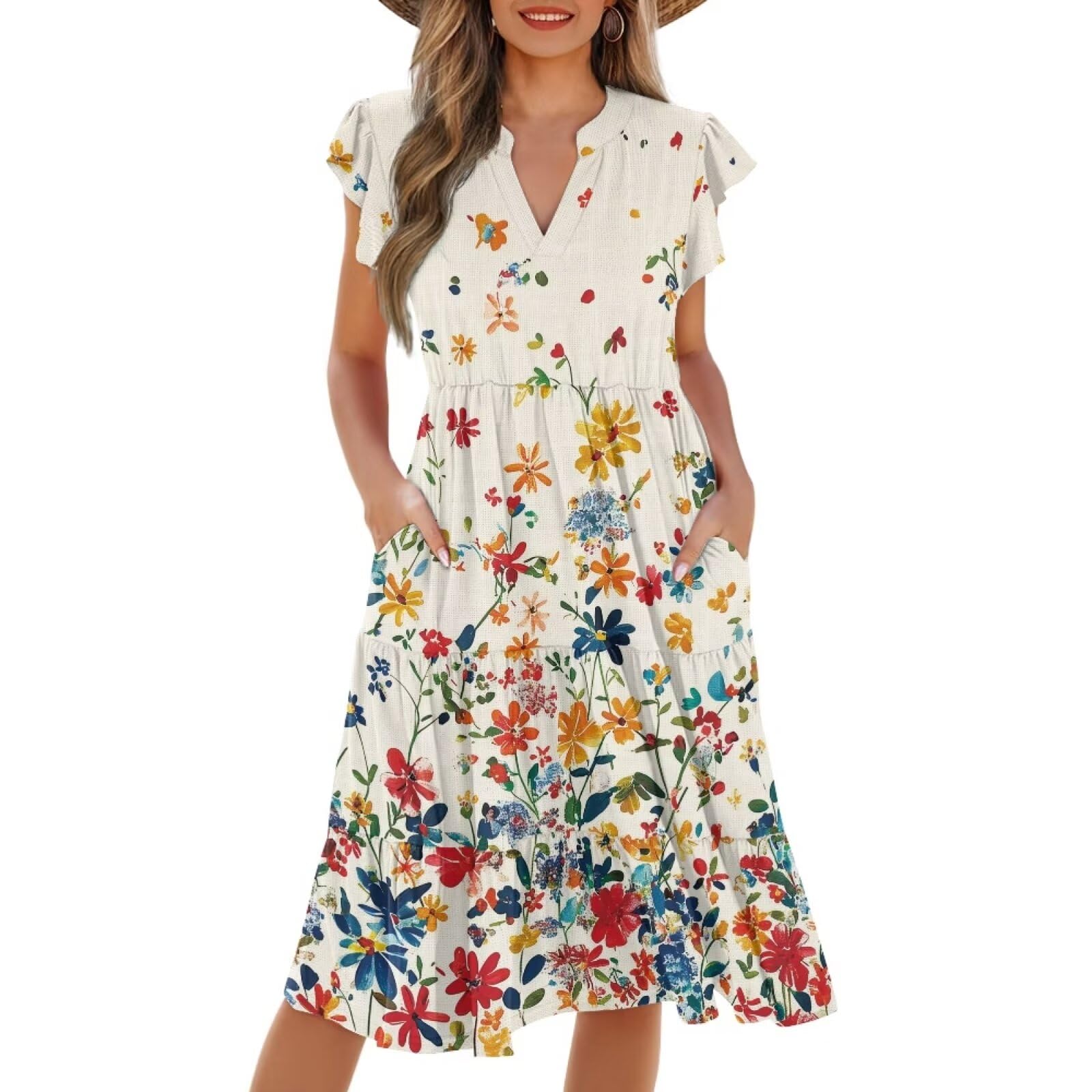 BBEGLECVIL Women's Elegant Flowy Dress Casual Floral Sundress V-Neck Short Sleeve Dresses A-Lined Tiered Midi Dresses