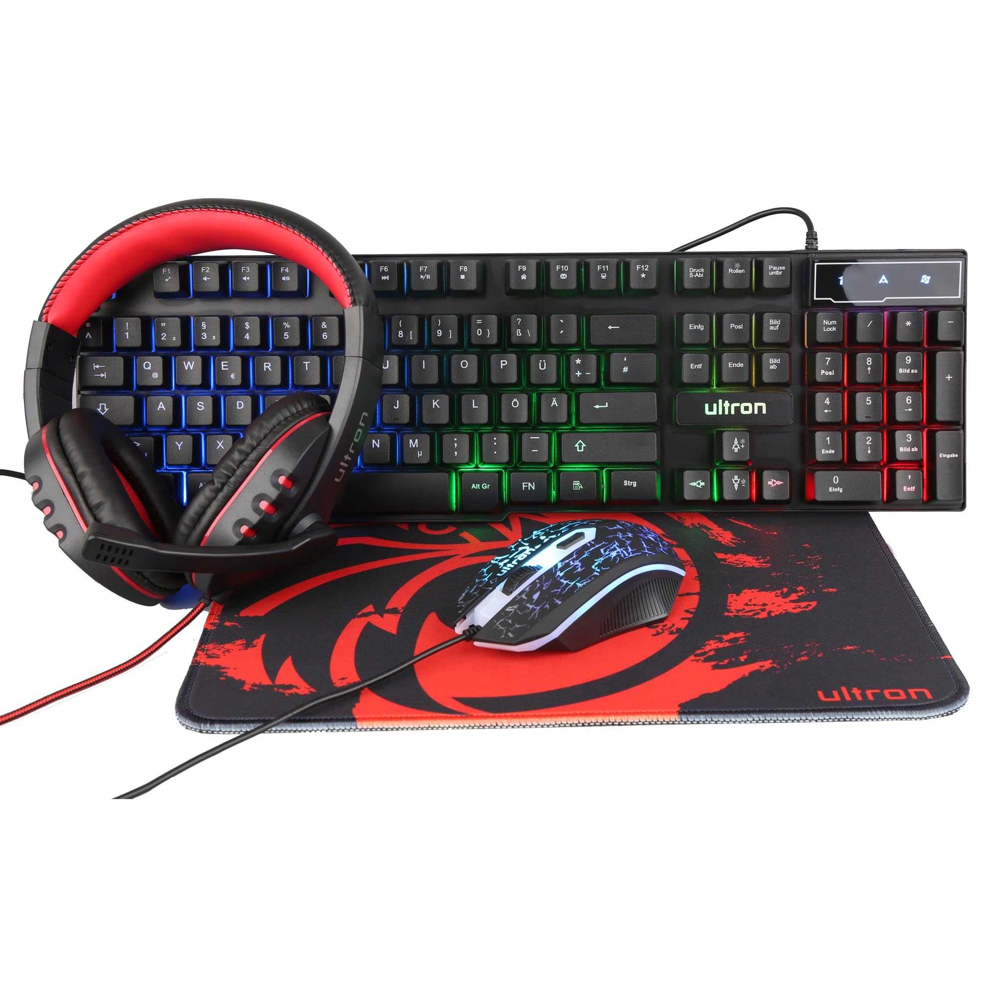 Ultron Hawk - Set tastiera per gaming 4 in 1 PC Pack Combo – Tastiera retroilluminata RGB [QWERTZ DE Layout] e mouse [fino a 6400 DPI], cuffie da gioco e tappetino per mouse – per PC, Xbox, PS4