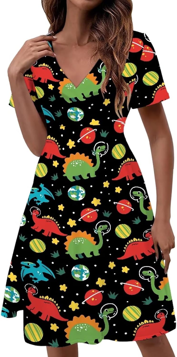 Beauty Collector Women V Neck Short Sleeve Flared Dress for Zoo Aquarium Museum