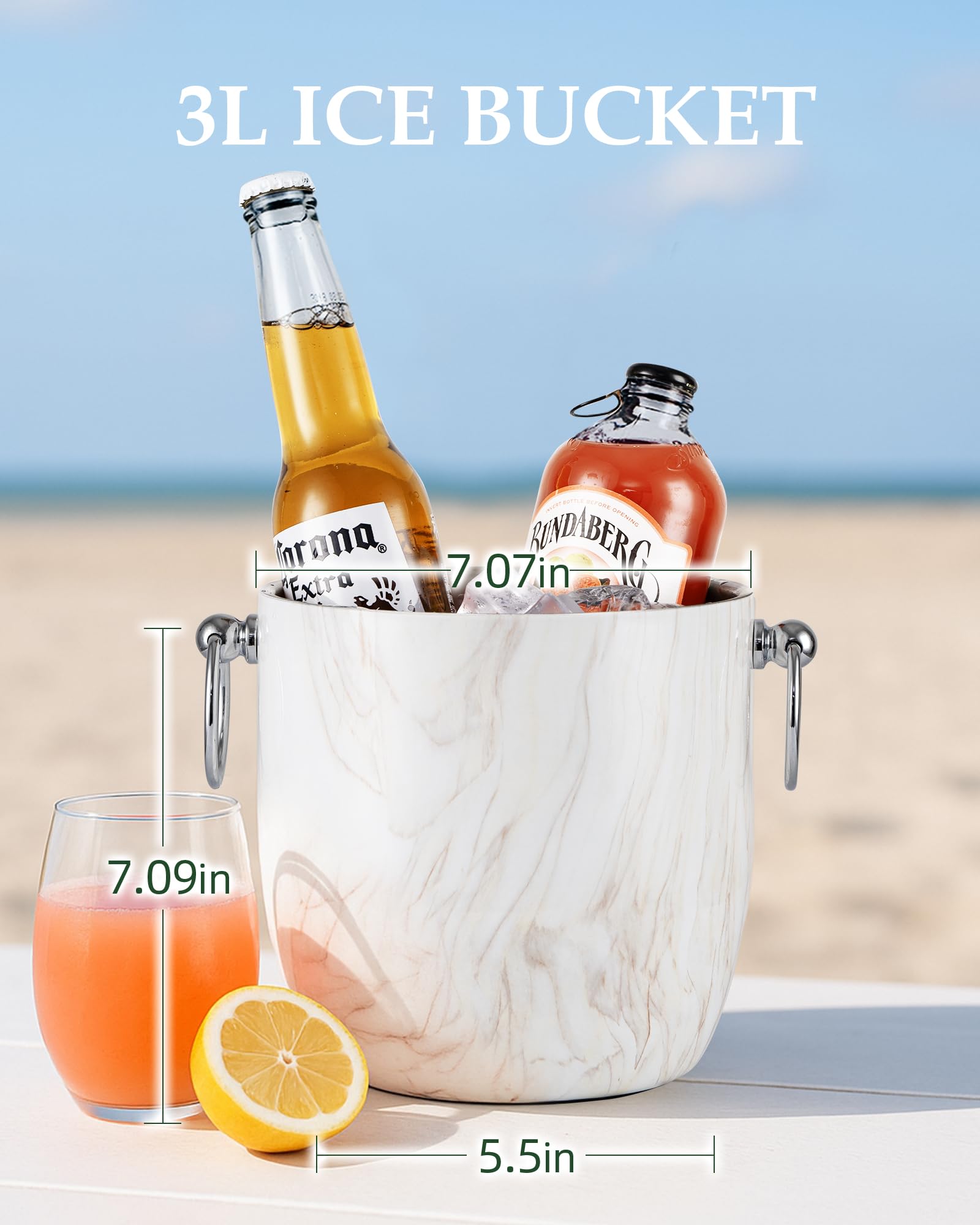 Isolierter Eiskübel, 3 l, doppelwandiger Edelstahl-Eiskübel mit Zange, Deckel, Schaufel und Sieb, Eiskübel für Partys, Cocktailbars, zum Kühlen von Bier, Champagner, Weinflaschen