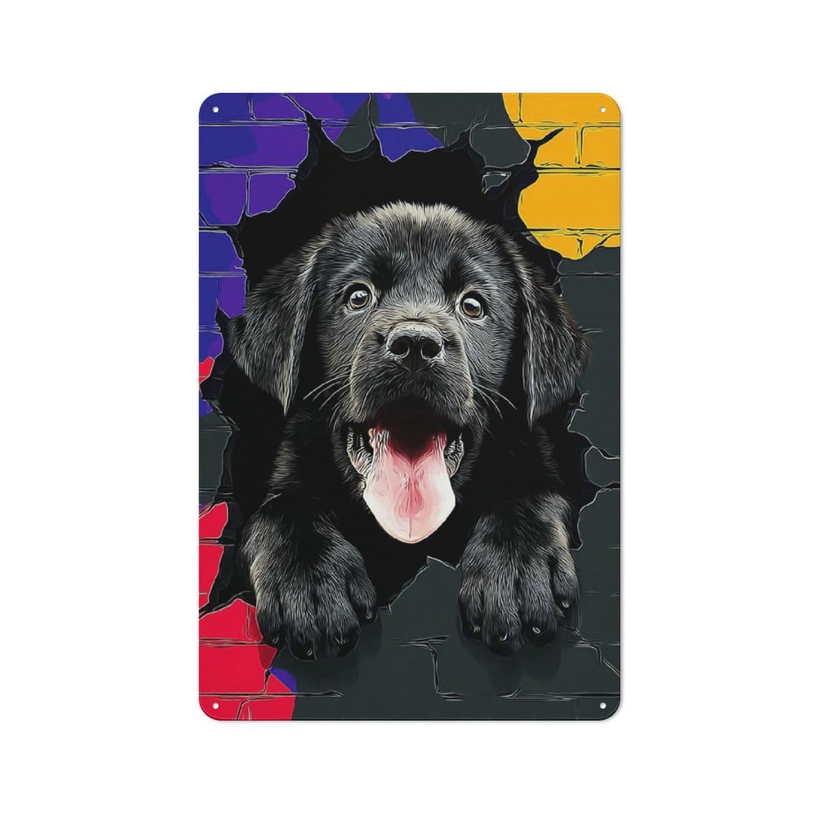 Junmoney Colorful Puppy Breaks Through Wall -1 Classic Metal Wall Decor 30X20cm, Decorative Tin Plaque For Cafe, Pub, Workshop Or Home Bar