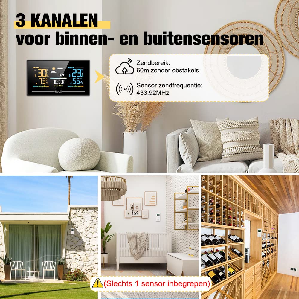 Uzoli Weerstation met 3 buitensensoren draadloos radiogestuurde klok kleurendisplay weervoorspelling binnen buiten thermometer hygrometer luchtdruk zonsopgang getijden maanfase - EM3390