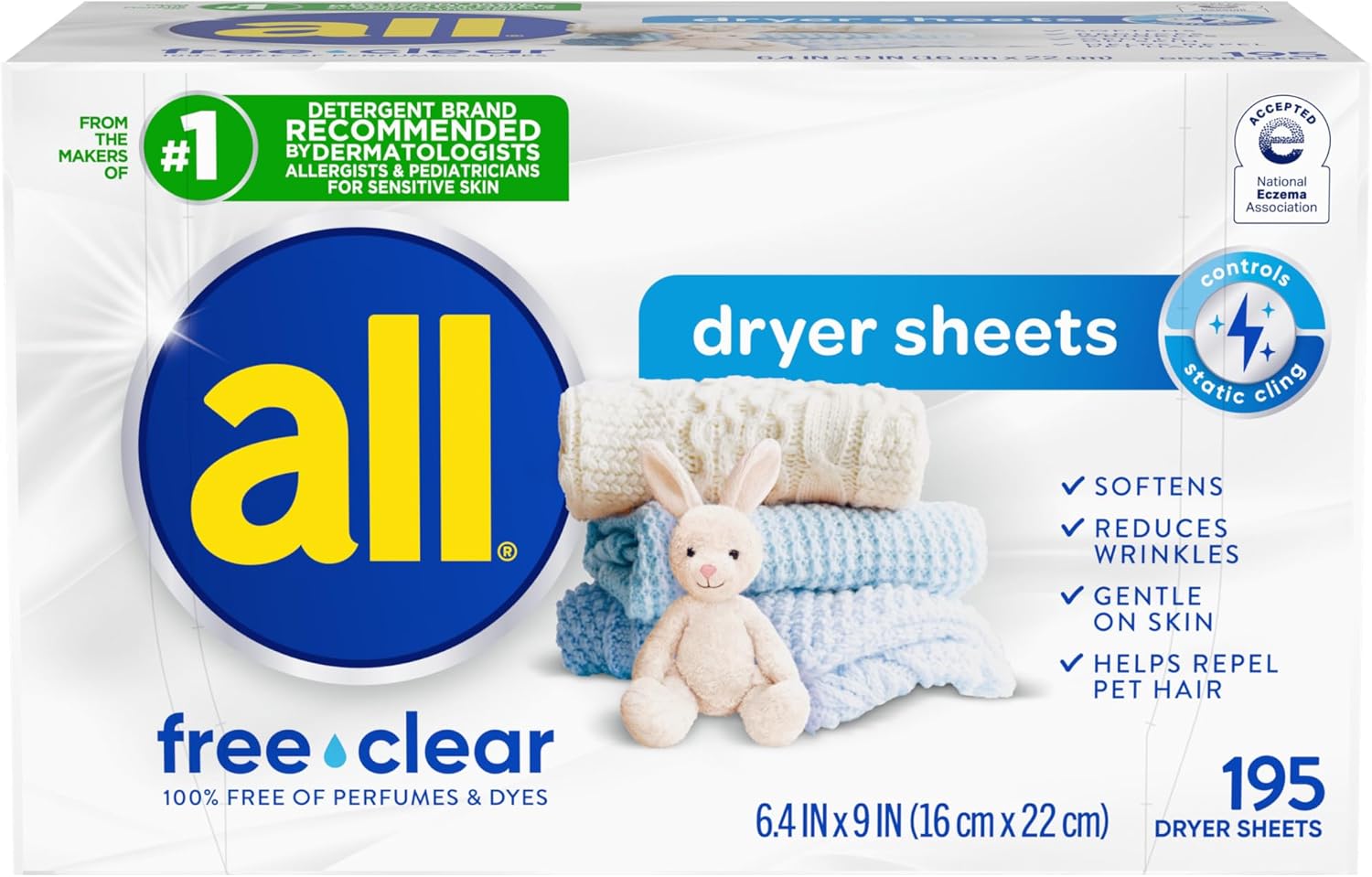 all Fabric Softener Dryer Sheets for Sensitive Skin, Free Clear, 195 Count - Image 1 of 8