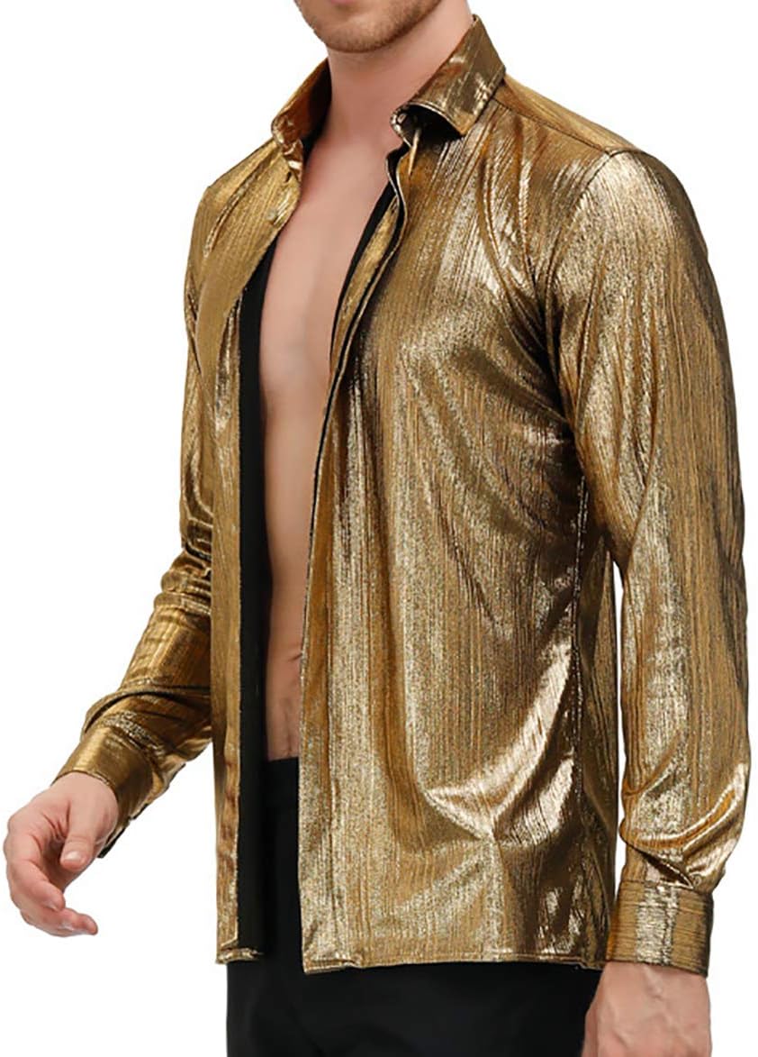 PJ Paul Jones Mens Metallic Dress Shirts Long Sleeve Button Down 70s Disco Shirt Party Costume