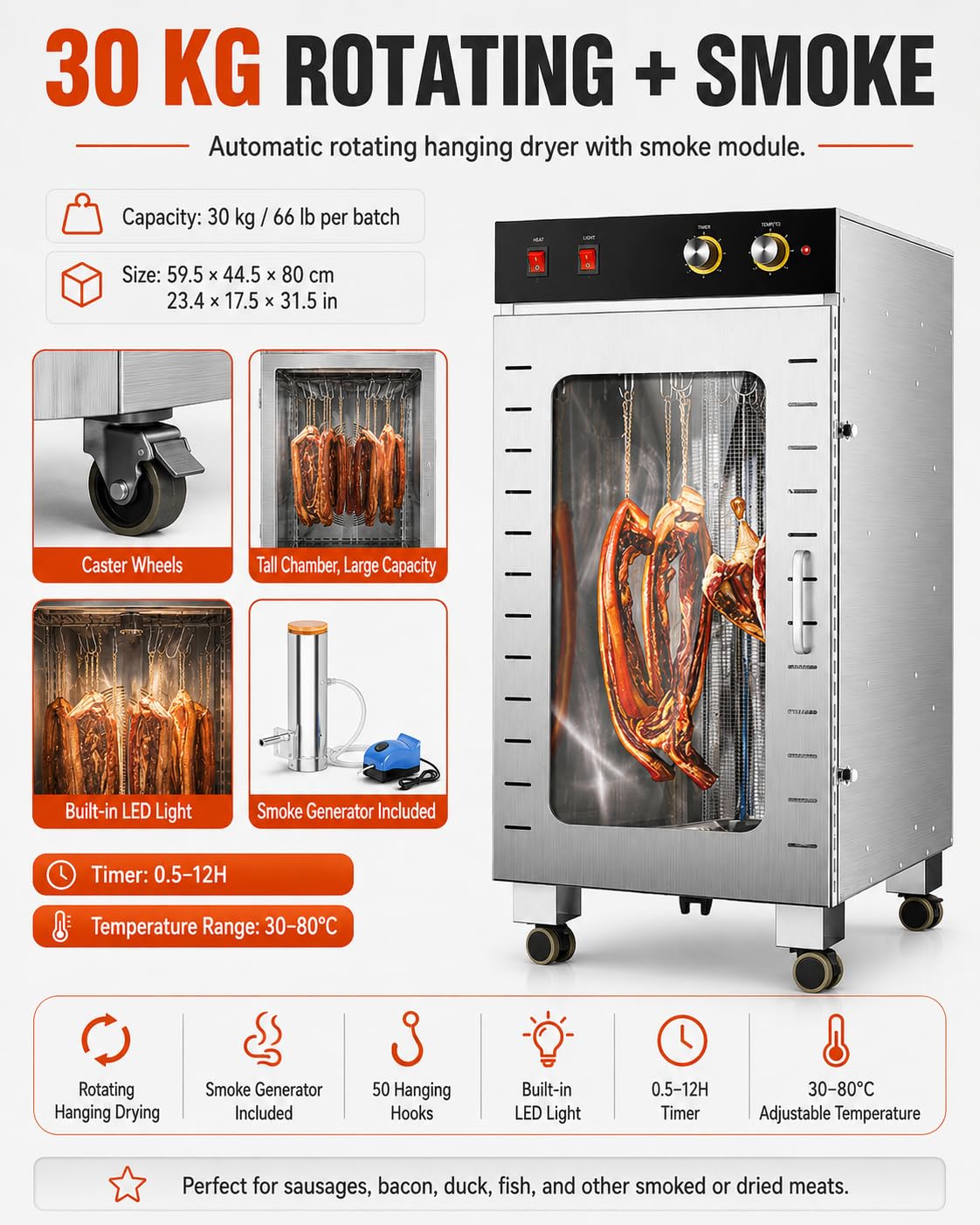Essiccatore per Carne 1600 W, Essiccatore Alimentare Inox con Ganci Rotanti Automatici, capacità 10/30 kg, Temperatura e Timer Regolabili per Jerky Salsicce Carne Secca e Pesce 30kgSmoke
