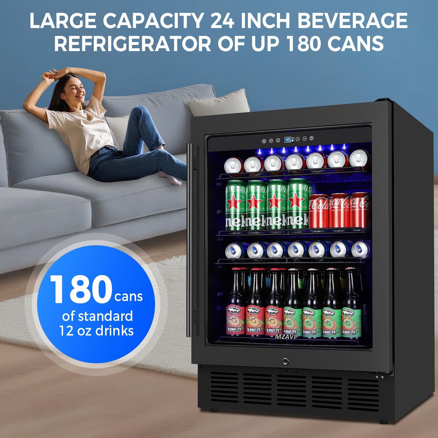 MZAVP 24 Inch Beverage Refrigerator, Built-in 24" Wide Beverage Cooler with Glass Door, 180 Cans Drink Fridge holds Beer, Soda, Under Counter/Freestanding Refrigerator for Home, Bar, Office - Black on Fridge.com
