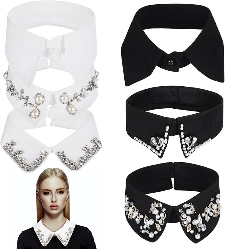 6 PCS Rhinestone Half Shirt Dickey Collars, Detachable Blouse Sweater Collar for Women, Elegant Fake Collar Dickie for Layering, Black & White