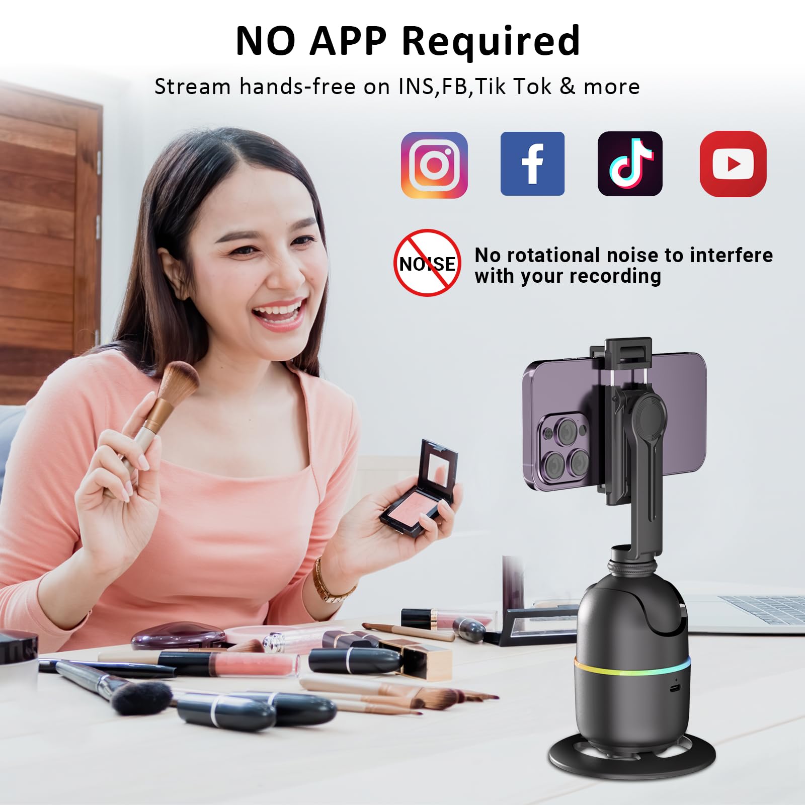 Auto Face Tracking Phone Holder for Phone, GoPro, Compact Camera, 360° Rotation Auto Tracking Mount Compatible with Tripod, Rotating Stand for iPhone for Vlog, Streaming, Video, FaceTime, TIK Tok 3