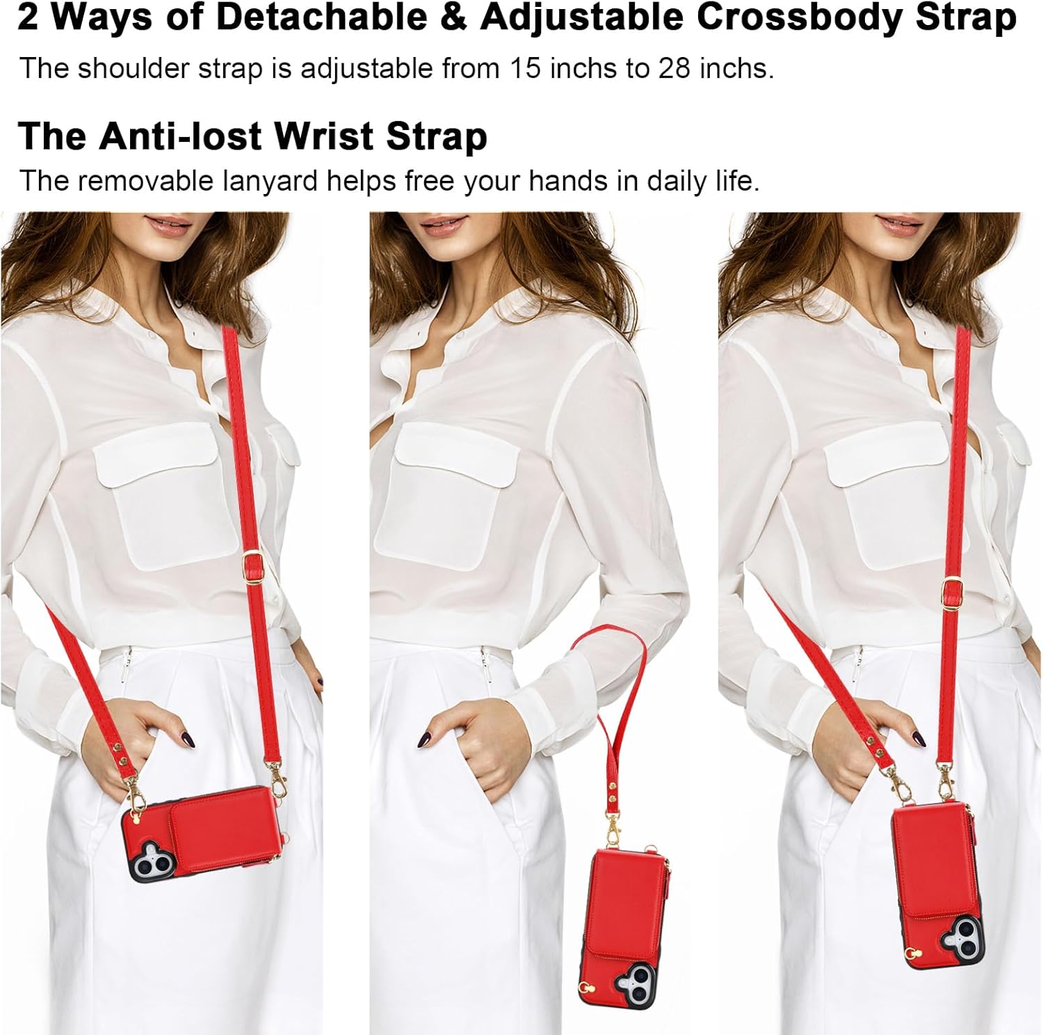 KIHUWEY Crossbody Wallet Case for iPhone 17, Zipper Pocket Case with Card Holder, PU Leather RFID Blocking Protective Cover Case with Kickstand Detachable Wrist Strap Lanyard 6.3" (Red)