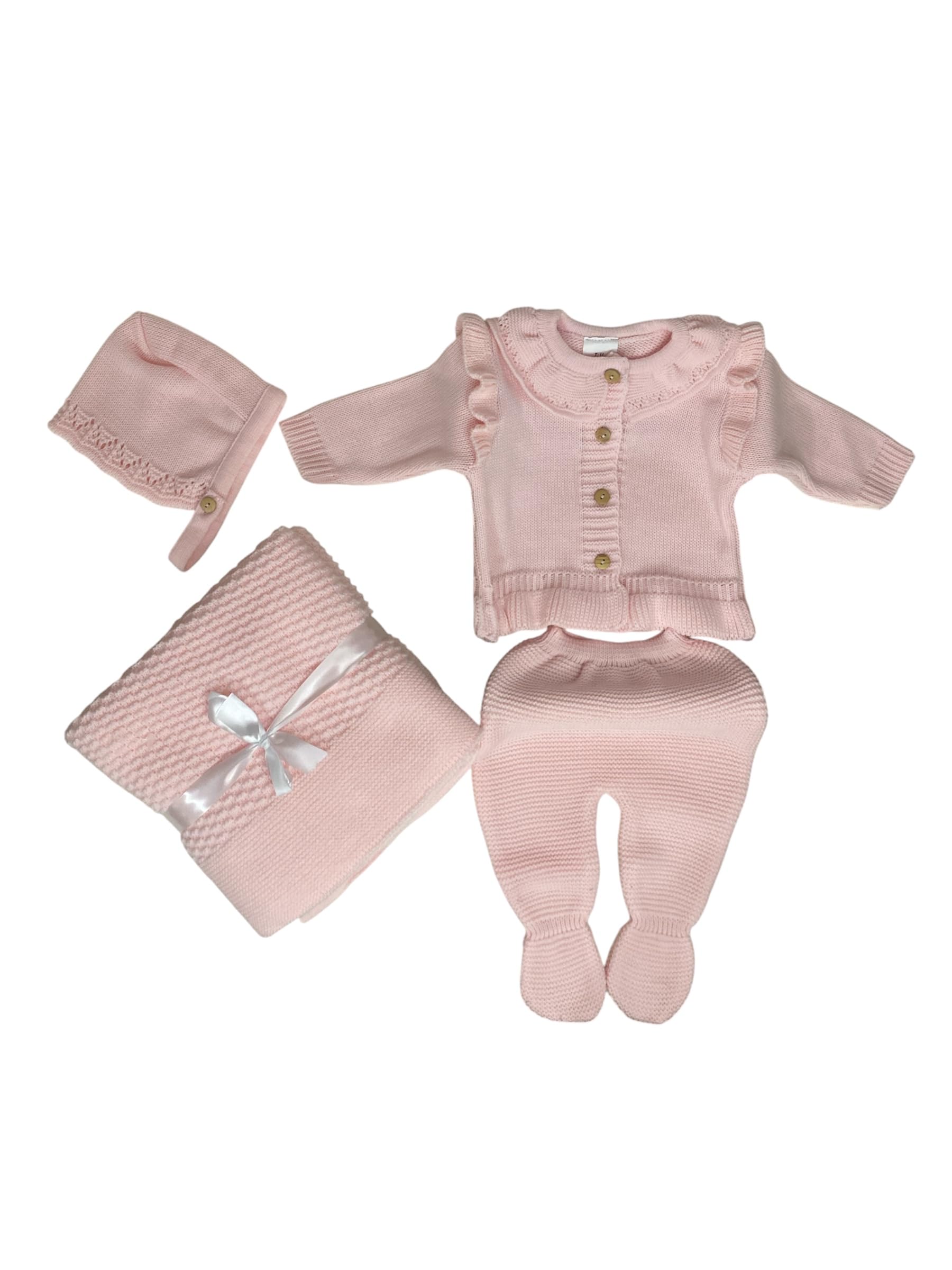 Genérico Conjunto de Bebé en Punto de Algodón, Rosa Claro, 3 Piezas con Chaqueta con Volantes, y Manta. Invierno. Talla única. Recién nacido
