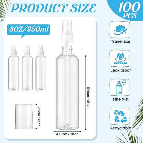 Miniatura 2 de Tanlade 100 botellas vacías de 8 onzas con tapa de pulverización, botellas de nebulización de plástico transparente rellenables, botella de niebla