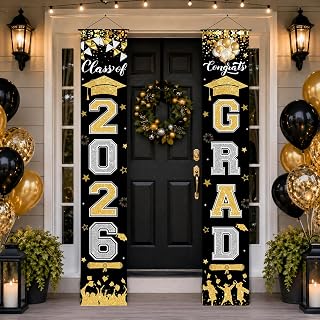 2026 Graduation Decorations Banner, Class of 2026 Black Gold Grad Door Porch Banner College High School Leavers Grad Decor Congrats Grad 2026 Graduation Party Supplies