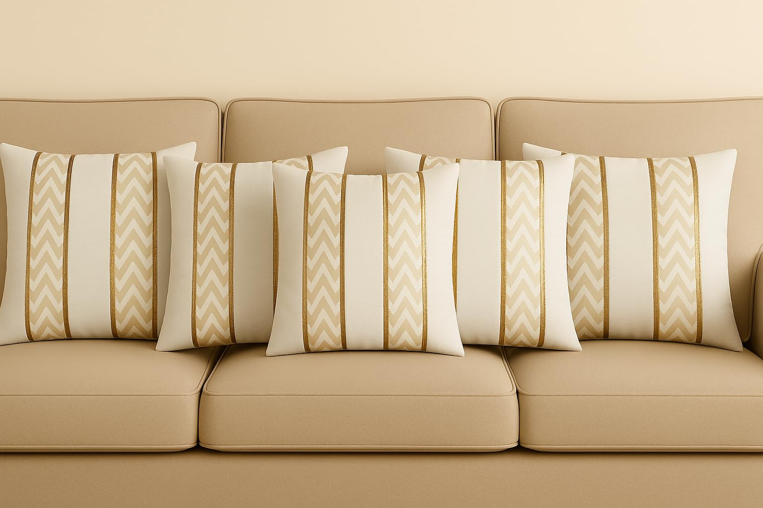 Dupion Silk Cushion Cover with Golden Chevron Design – 16x16 Inch Decorative Throw Pillow Cover for Sofa & Home Decor – Set of 5 (Cream)-picture-15