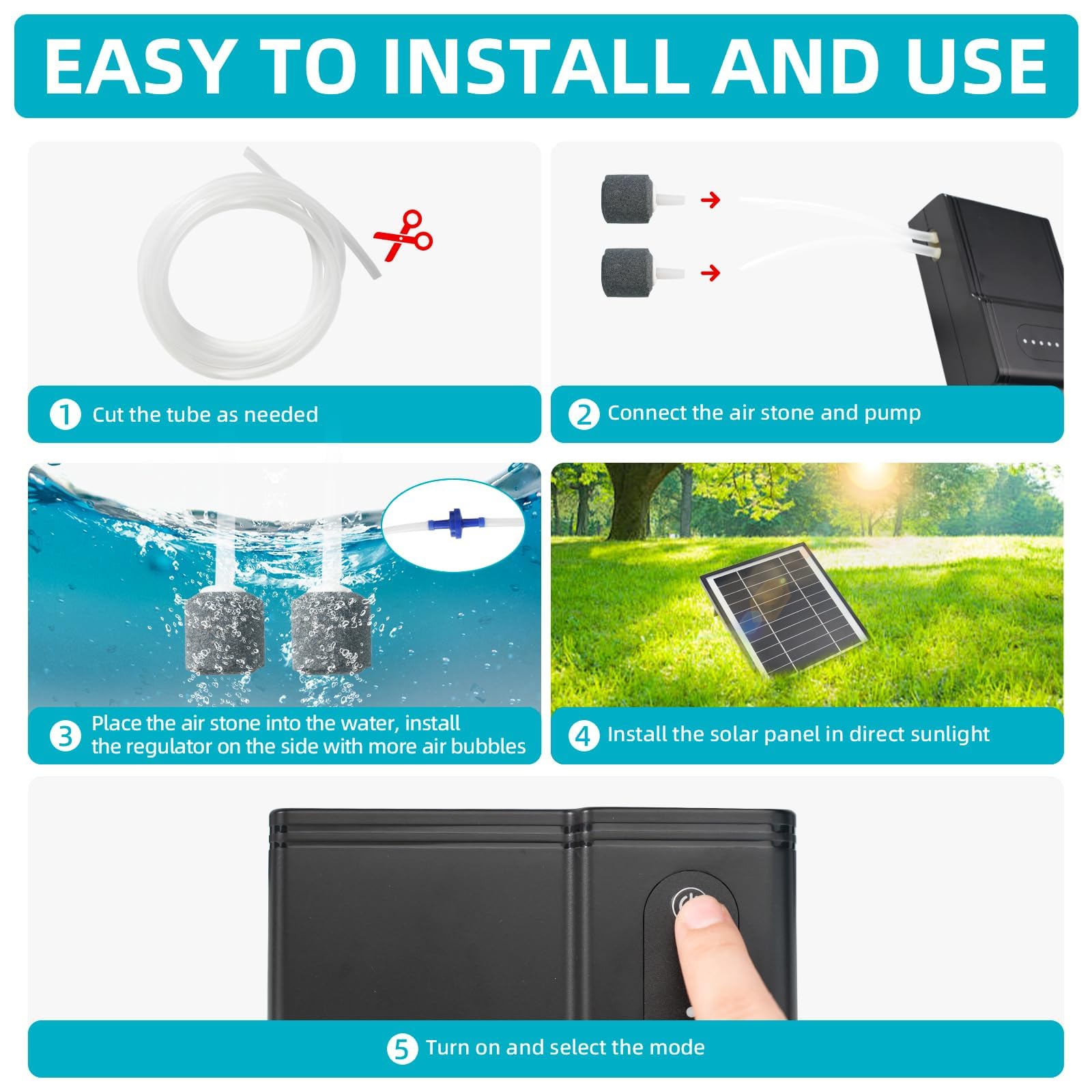 Pompes à air solaires, charge Type-C et charge solaire disponibles, oxygénateur 5W Pompe à air pour aquarium Aérateur de pêche avec tuyau Pierres à bulles d'air, pompe à oxygène solaire pour