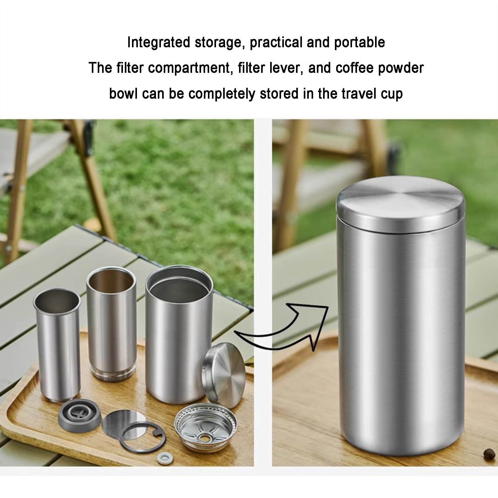 Caffettiera portatile – 360 ml in acciaio inox, metodo di infusione 3 in 1 per campeggio e viaggi, combina French Press, Pourover, Espresso