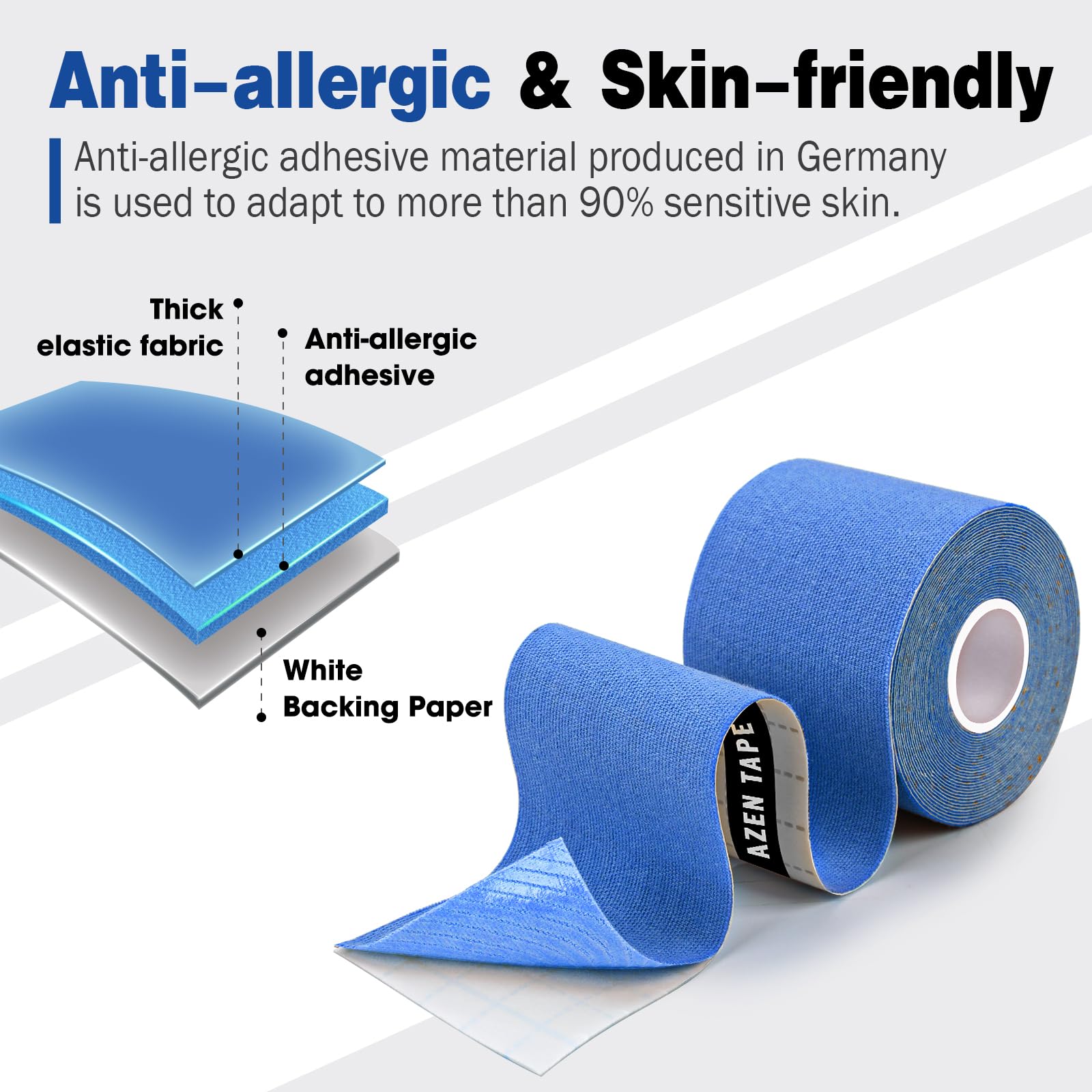 AZEN 3 rollos de cinta de kinesiología, cinta cinética impermeable de 16.4 pies para apoyo de articulaciones y alivio del dolor muscular, cinta de rodilla, cinta muscular sin cortar, cinta atlética,