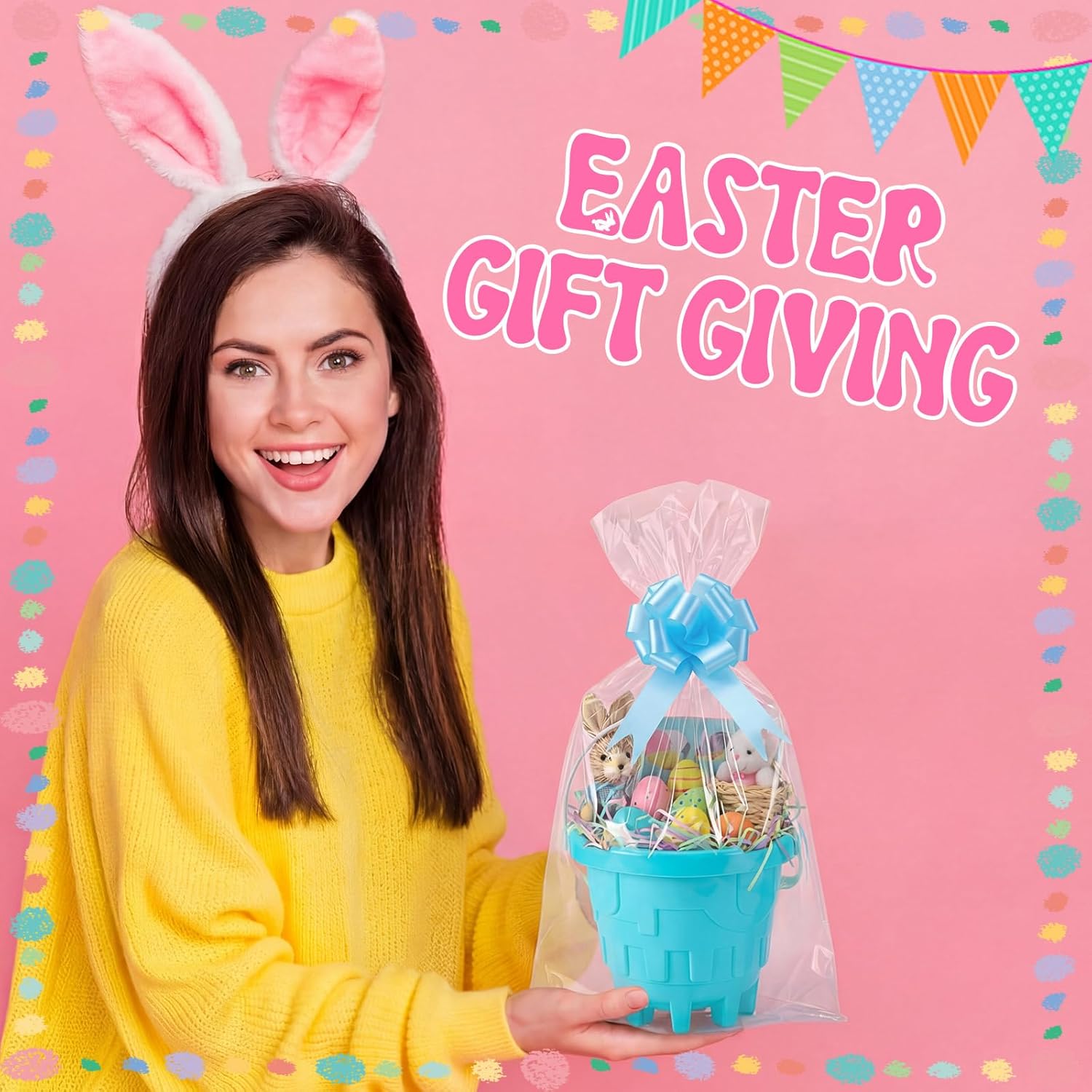 Gemscream 50 Pcs Easter Buckets for Egg Hunt Bulk Plastic Sand Pail and Shovel Gift with Bows Bags Cards Easter Basket Stuff Egg Hunt Gift for Classrooms, Church Events, or Large Family Gatherings