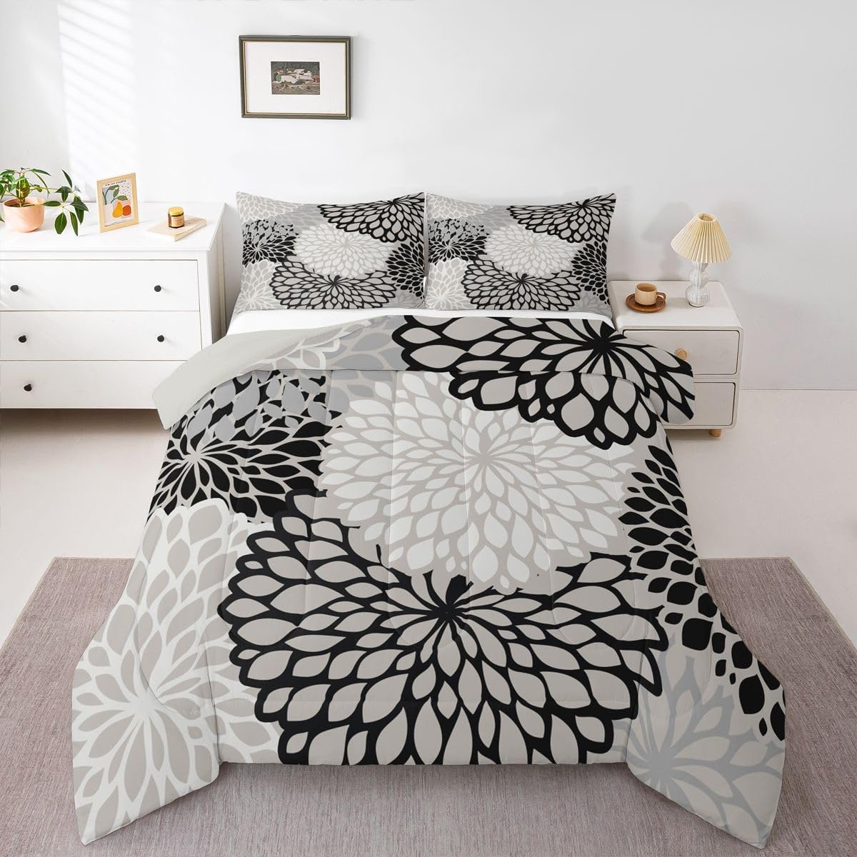 Erosebridal Aztec Dahlia Comforter Set for Adult Women Girls Floral Bedding Queen Size,Mexican National Flower Duvet Insert Modern Floral Design All Season Quilted Duvet Bedroom Decor, Black White