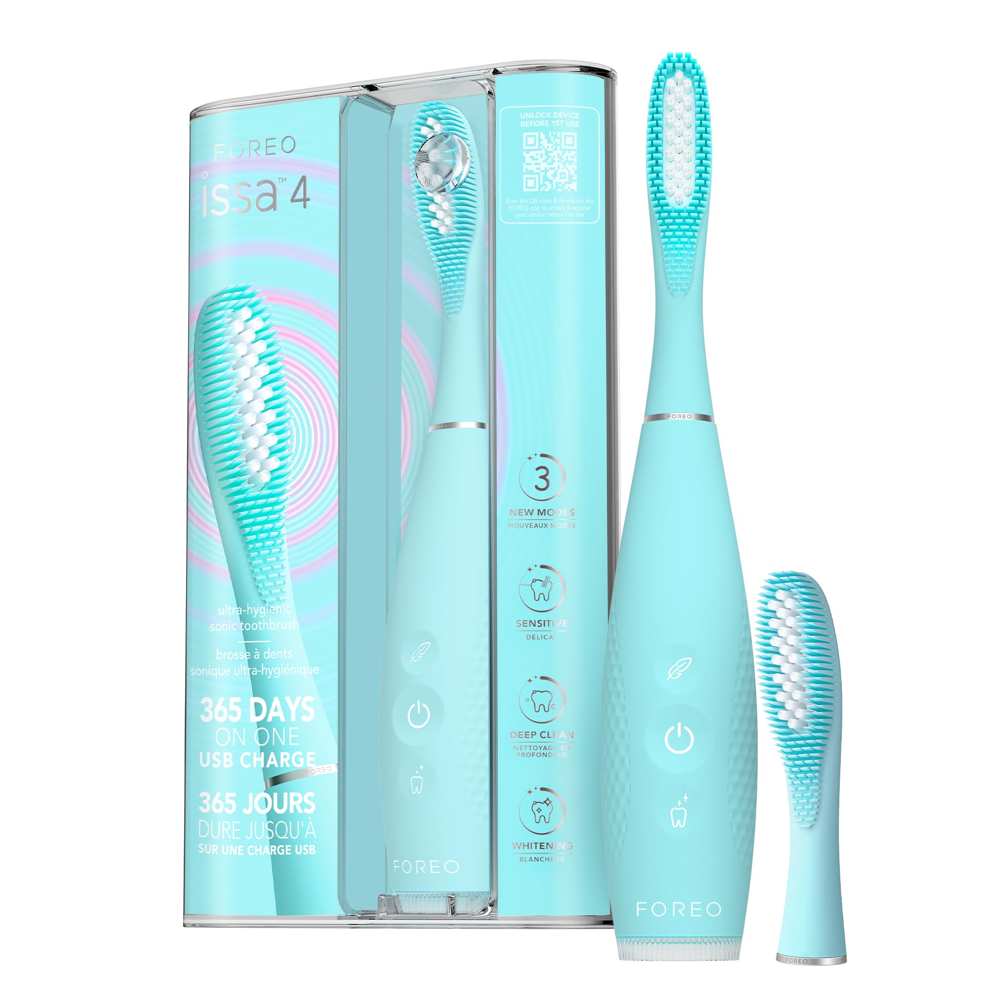 FOREO ISSA 4 cepillo de dientes eléctrico sónico recargable 4 en 1 con USB, cabezal extra, silicona suave, blanqueador dental, impermeable, ideal para viaje, limpieza profunda - Artic Blue