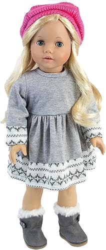 Miniatura 3 de Sophia's 18" Doll 4 pc. Fair Isle Gray Knit Dress, White Leggings, Pink Knit Hat, and Matching Pink Scarf
