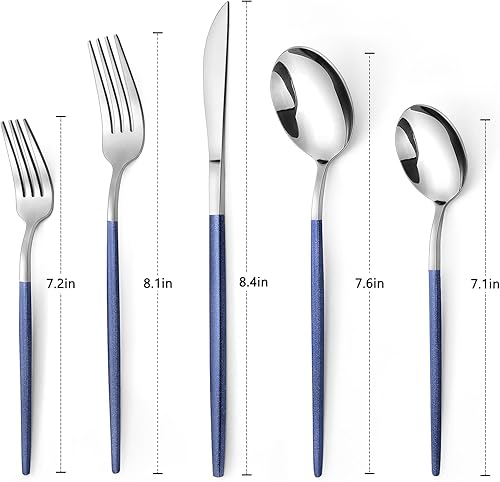 Miniatura 2 de Mirror Silver Blue - Juego de cubiertos de acero inoxidable de 20 piezas, acabado satinado, servicio para 4, hogar y restaurante, apto para
