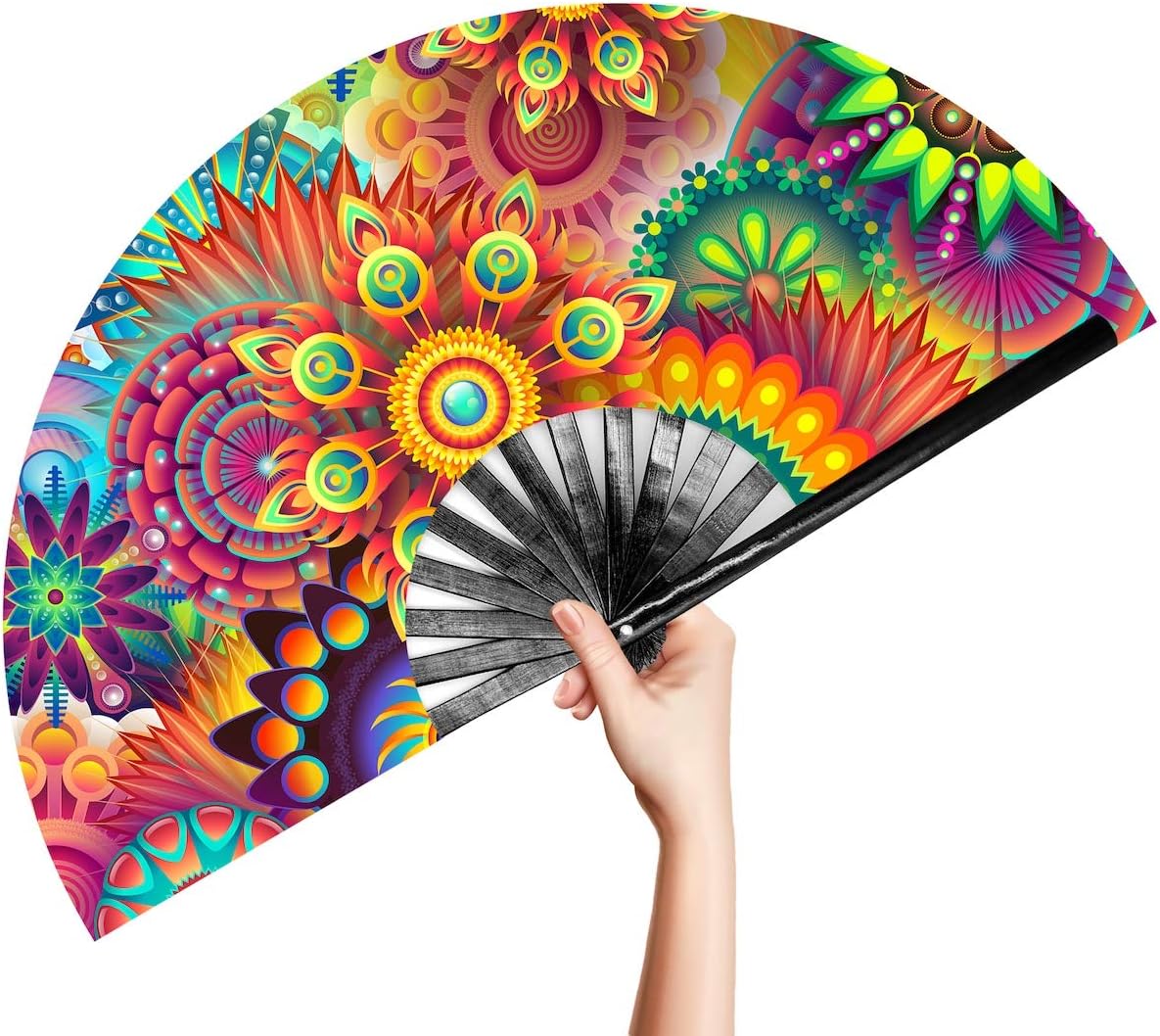 Large Bamboo Rave Festival Folding Hand Fan for Men/Women - Chinese Japanese Handheld Fan with Fabric Case - for Electronic Dance Music Party, Performance, Decorations, Gift (Fantasy Flowers)