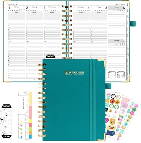 Agenda semanal 2024 con espiral, planificador por hora, mensual, diario, planificadores de trabajo verdes