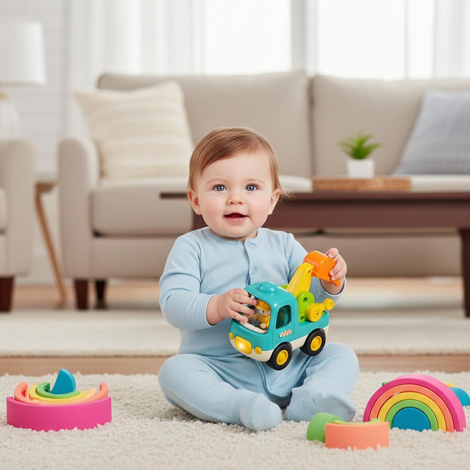 Silicone Stacking Toys for Babies, Rainbow Stacker 7PCS + Excavator Push & Go Toy Truck, Montessori Soft Nesting Blocks, Friction Car with Lights & Music, Sensory Learning Gifts for Toddlers 1-3