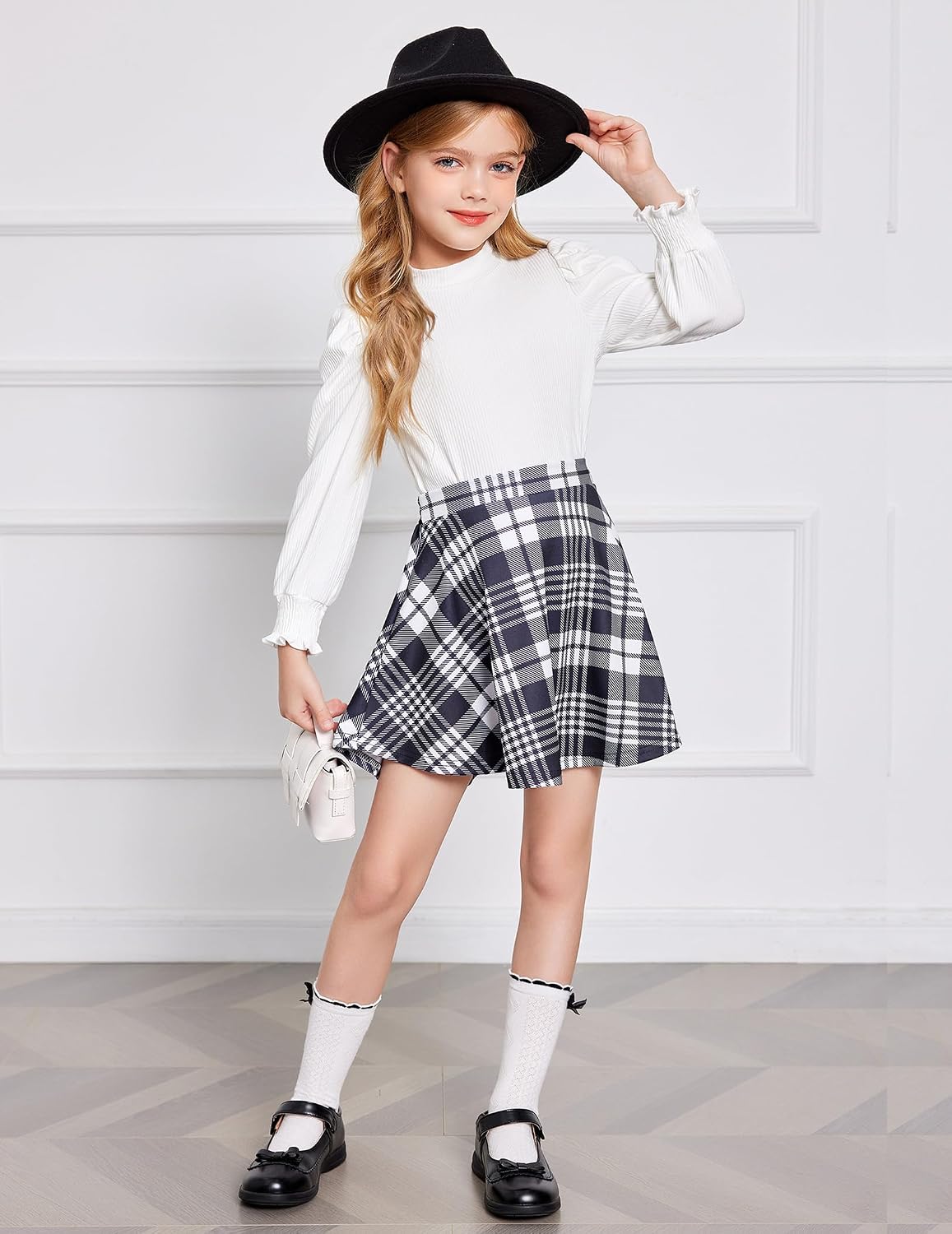 Arshiner Girls Skirt Set Knit Puff Sleeve Turtleneck Sweater Tops and Flared Mini Skirts with Pockets Clothing Sets