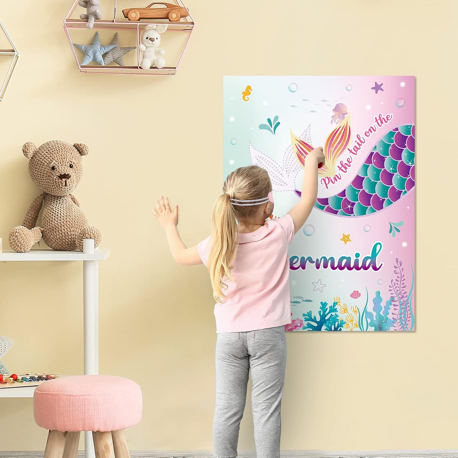 WERNNSAI Pin The Tail on The Mermaid Game - Mermaid Party Decorations Kids Birthday Party Games 21'' x 28'' Poster 24 Pcs Tail Stickers for Kids Girls Birthday Party Favor