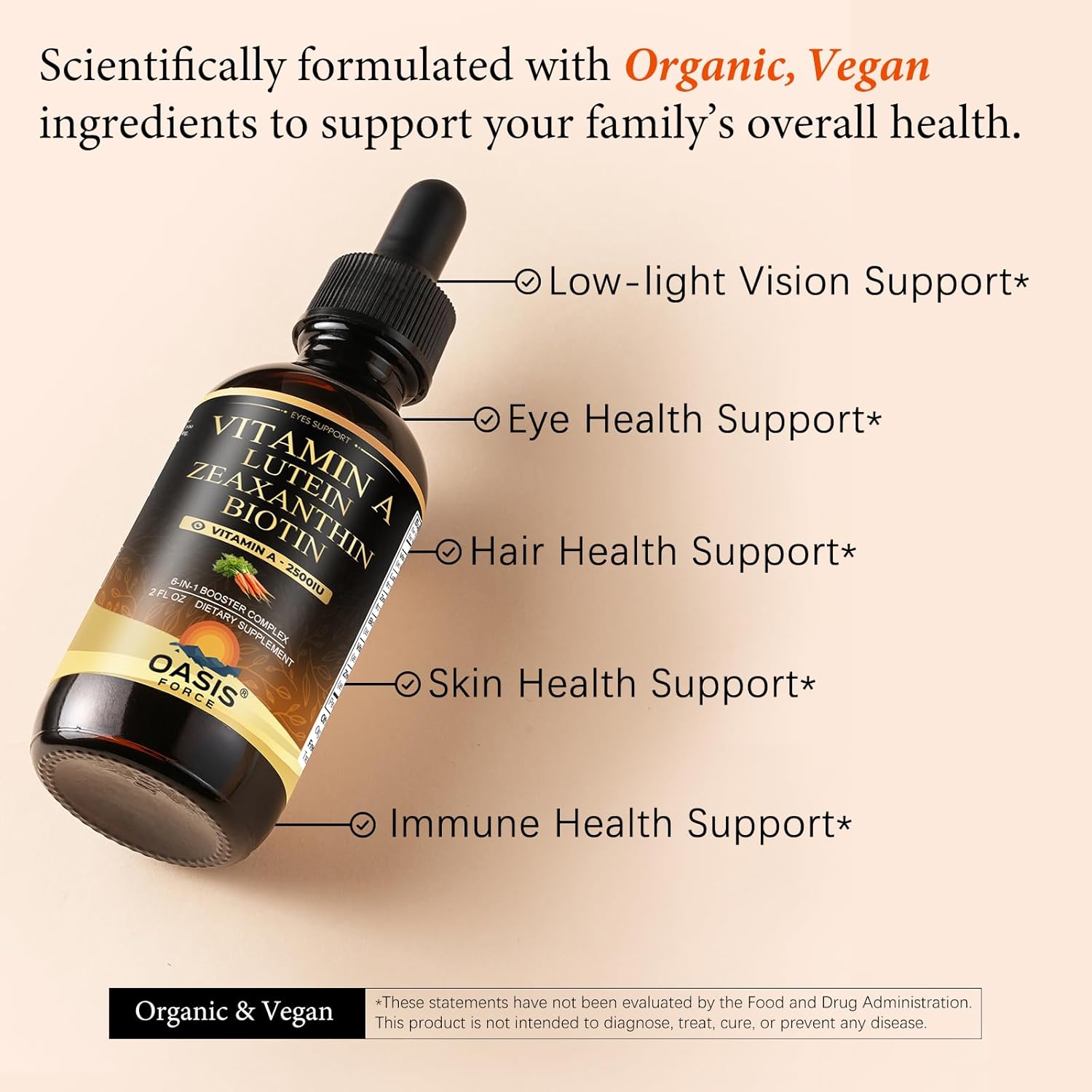 6 in 1 Vitamin A Liquid Drops with Lutein & Zeaxanthin, Vita A Retinyl Palmitate for Skin, Vision & Immune Support, Adults & Kids Ages 6+, Vegan, Non-GMO, 2 Fl Oz