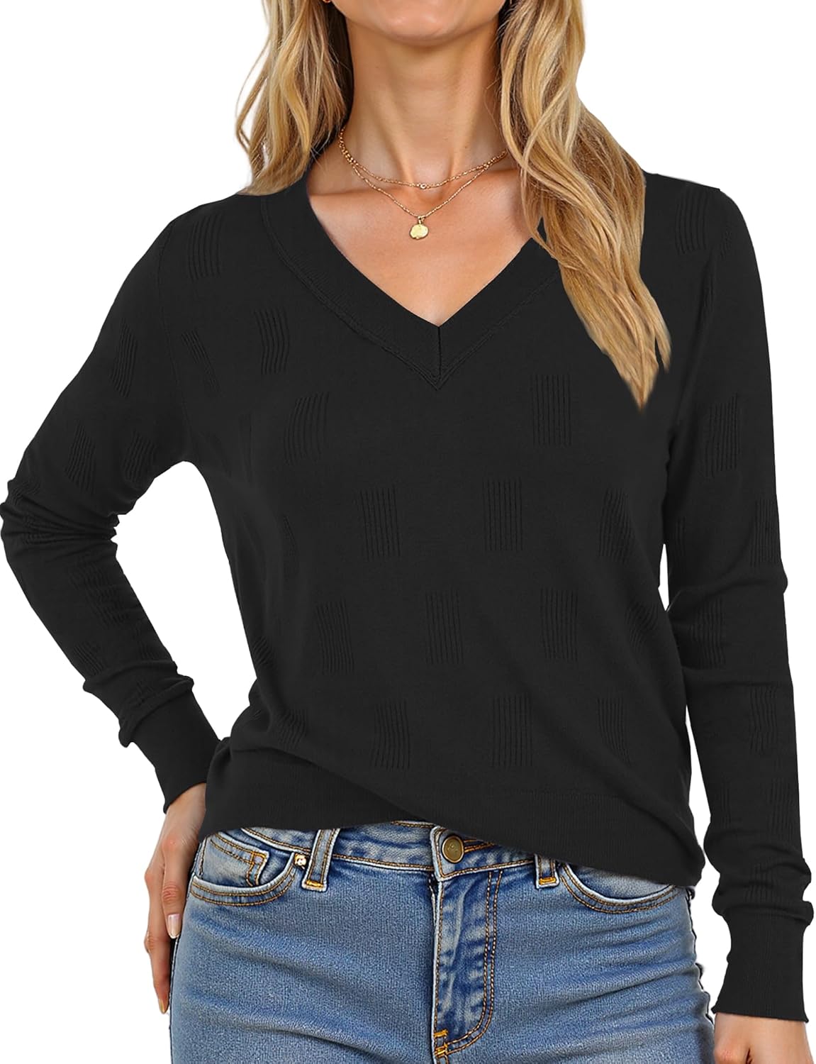 Buauty Womens Fashion V Neck Long Sleeve Knitted Ribbed Pullover Sweaters Casual Lightweight Loose Fit Jumper Tops