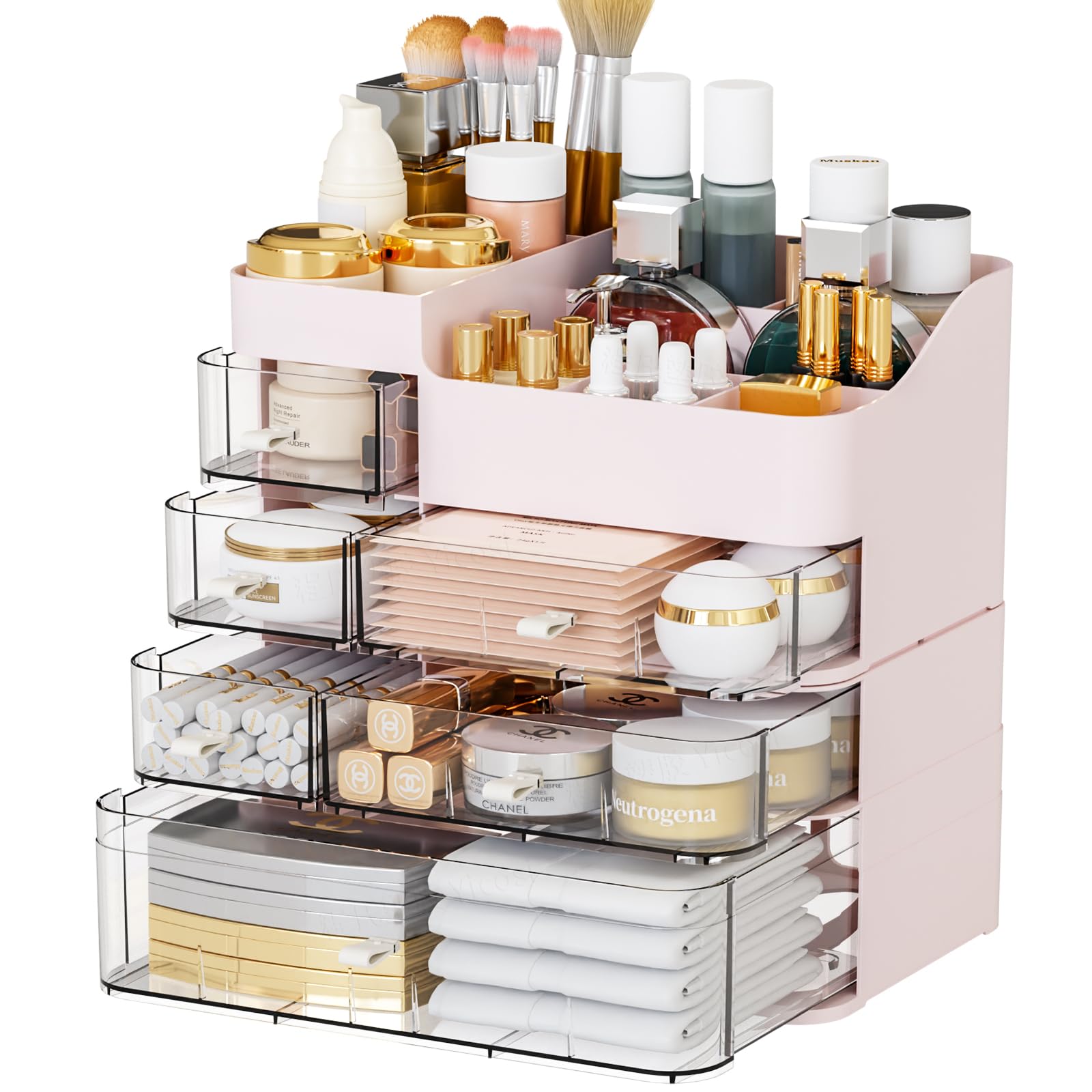 SuoXing Organizer per trucchi, grande capacità, organizer da banco per toeletta, impilabile, trasparente, 6 cassetti per riporre pennelli, rossetti e prodotti essenziali per la cura della pelle, rosa