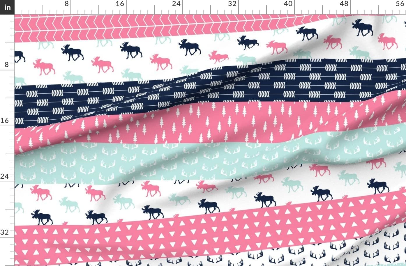 Spoonflower Fabric - Moose Wholecloth Quilt Top Pink Navy Girl Woodland Elk Arrows Printed on Organic Cotton Sateen Fabric by The Yard - Sewing Quilting Apparel Home Decor