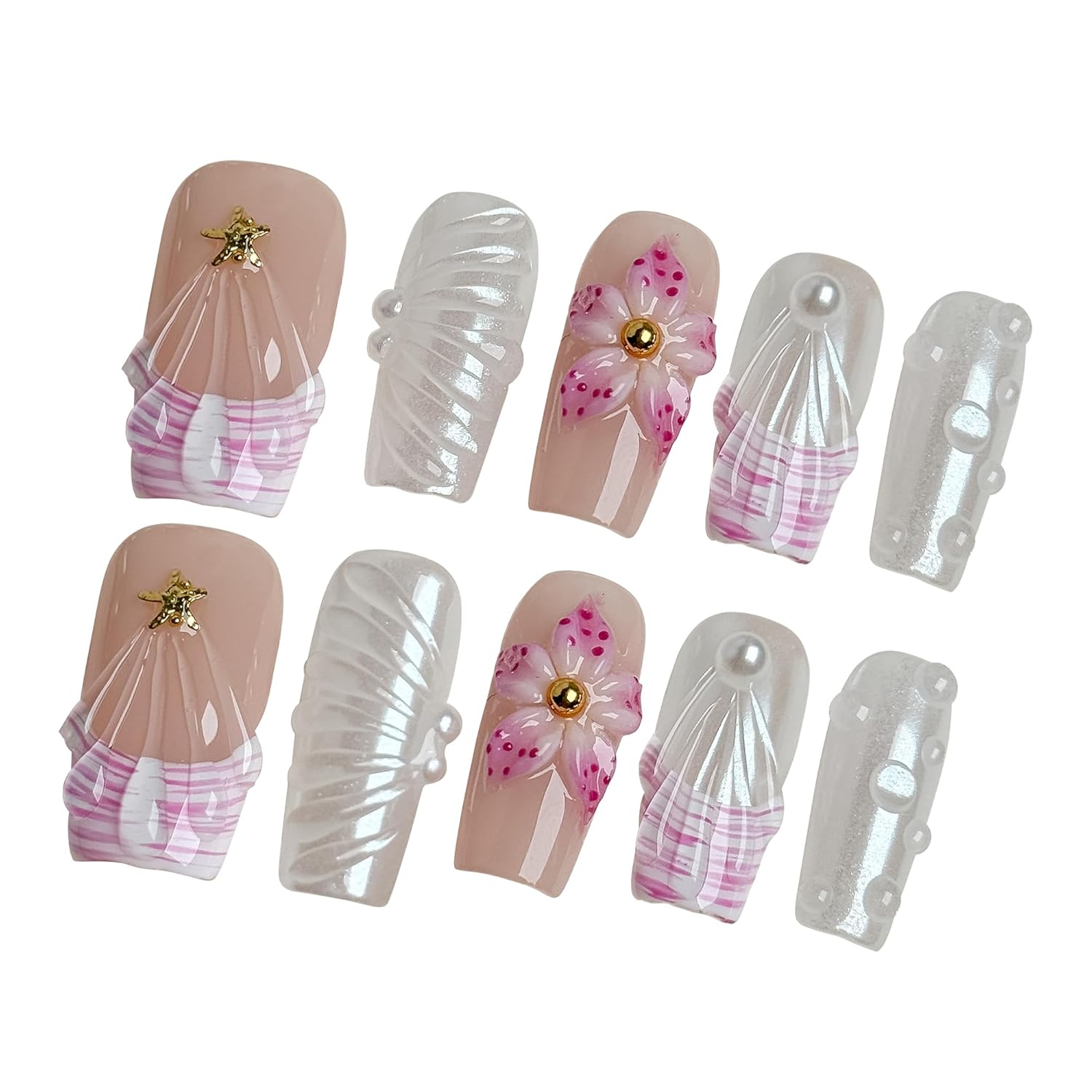 Pink Shell Dream Romantic 3D Floral Pearl Press on Nails, Elegant Girly Acrylic UV Gel Fake Nails for Women, Cute Press-Ons for Date Party Daily Wear (Pink, M)