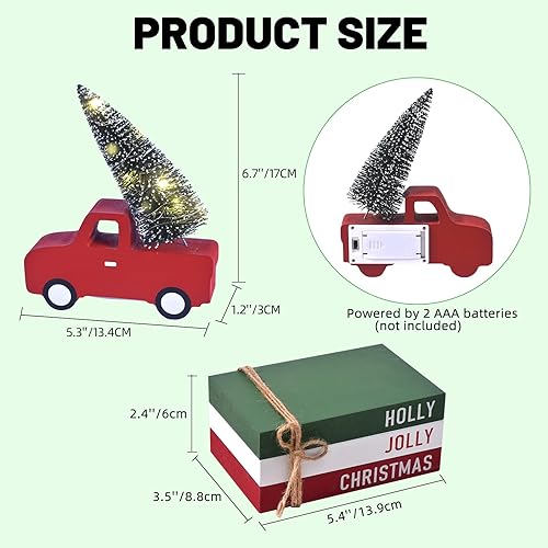 Miniatura 5 de Decoraciones navideñas para el hogar, 4 piezas de decoración de bandeja escalonada de Navidad con camión rojo de madera, árbol iluminado por LED y